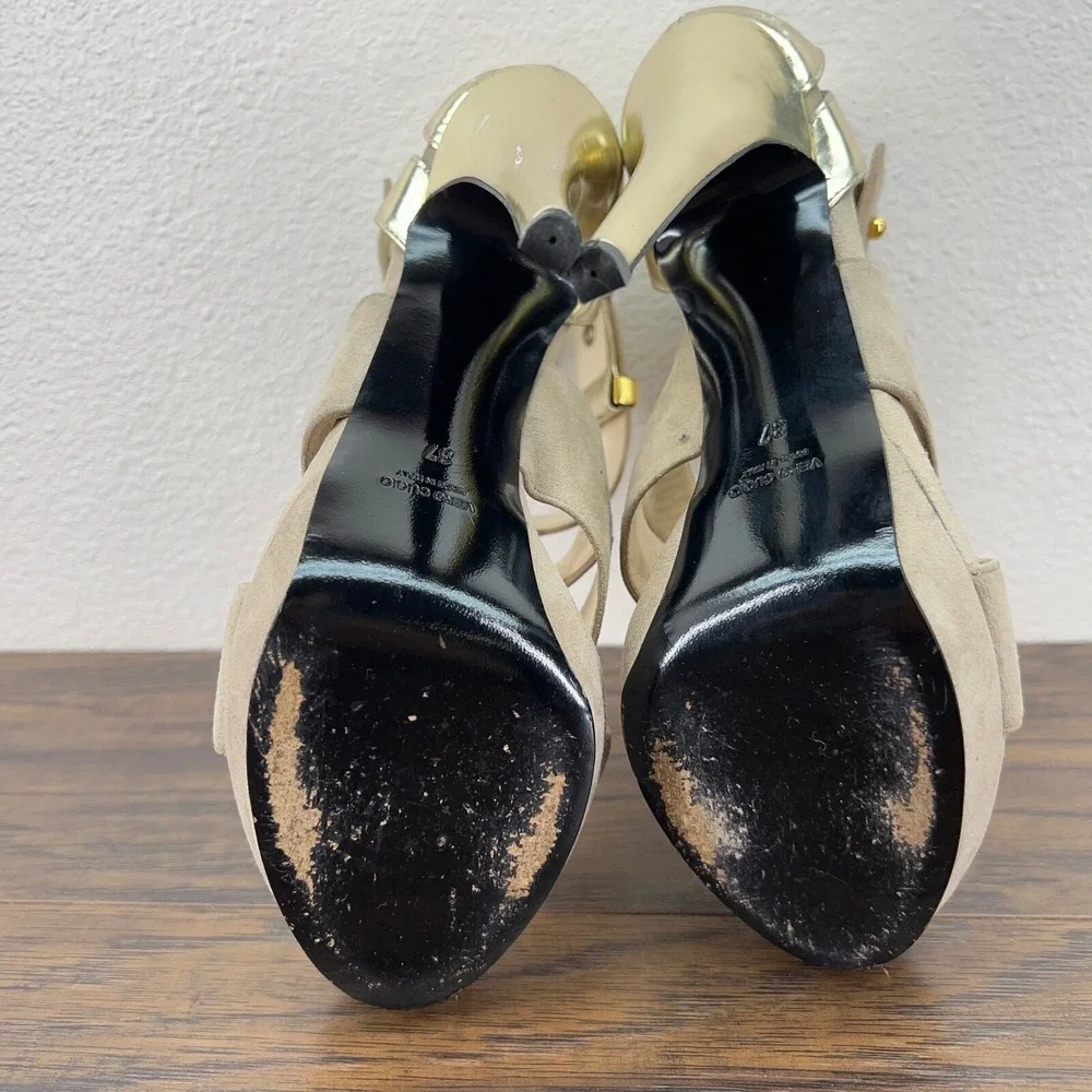 Burak Uyan Burakuyan Womens 37 US 7 Beige Gold Suede Leather Platform Heels